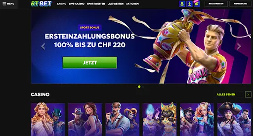 “RTBet Casino – Willkommensbonus bis zu CHF 220 und große Spielauswahl” “RTBet Casino Startseite mit Sportbonus und Casinospielen”