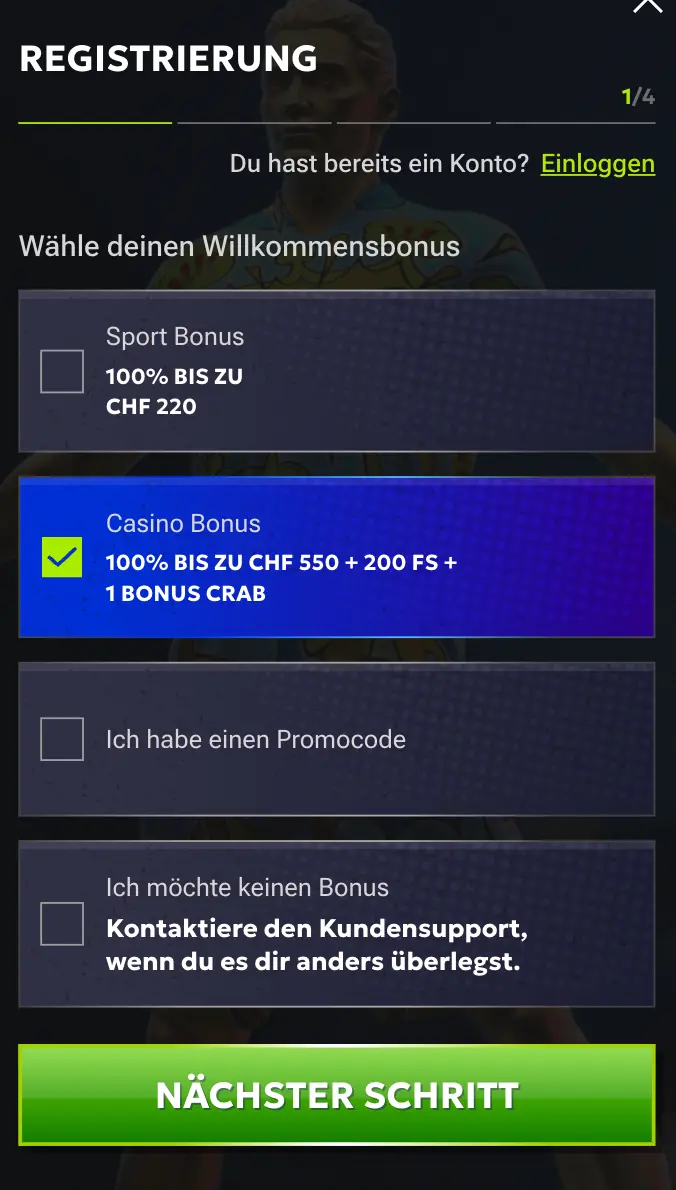 Registrierung im Casino mit 100% Bonus bis zu CHF 550 und 200 Freispielen. Registrierungsformular mit Auswahl des Willkommensbonus für Sportwetten oder Casino.