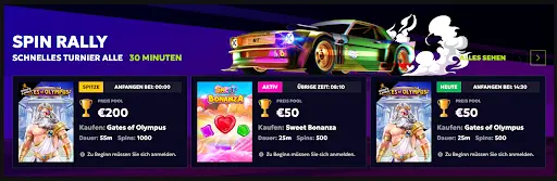 Spin Rally Aktion – Gewinne alle 30 Minuten bei RTBet Gewinne alle 30 Minuten im Spin Rally – farbiges Sportauto mit Neonlichtern