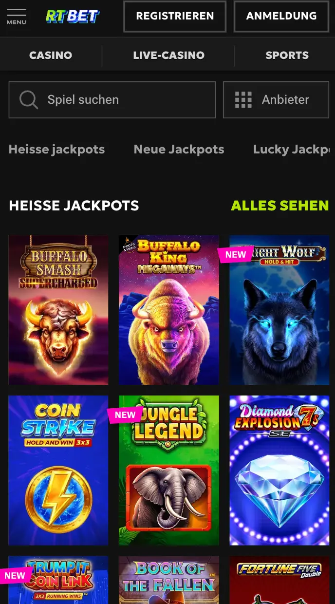 Heiße Jackpot-Spiele im RTBet Casino entdecken und große Gewinne jagen. Übersicht der heißen Jackpot-Slots im RTBet Casino – Buffalo Smash, Buffalo King Megaways, Night Wolf, Coin Strike, Jungle Legend, Diamond Explosion, Trumpit Coin Link, Book of the Fallen und Fortune Five Double.