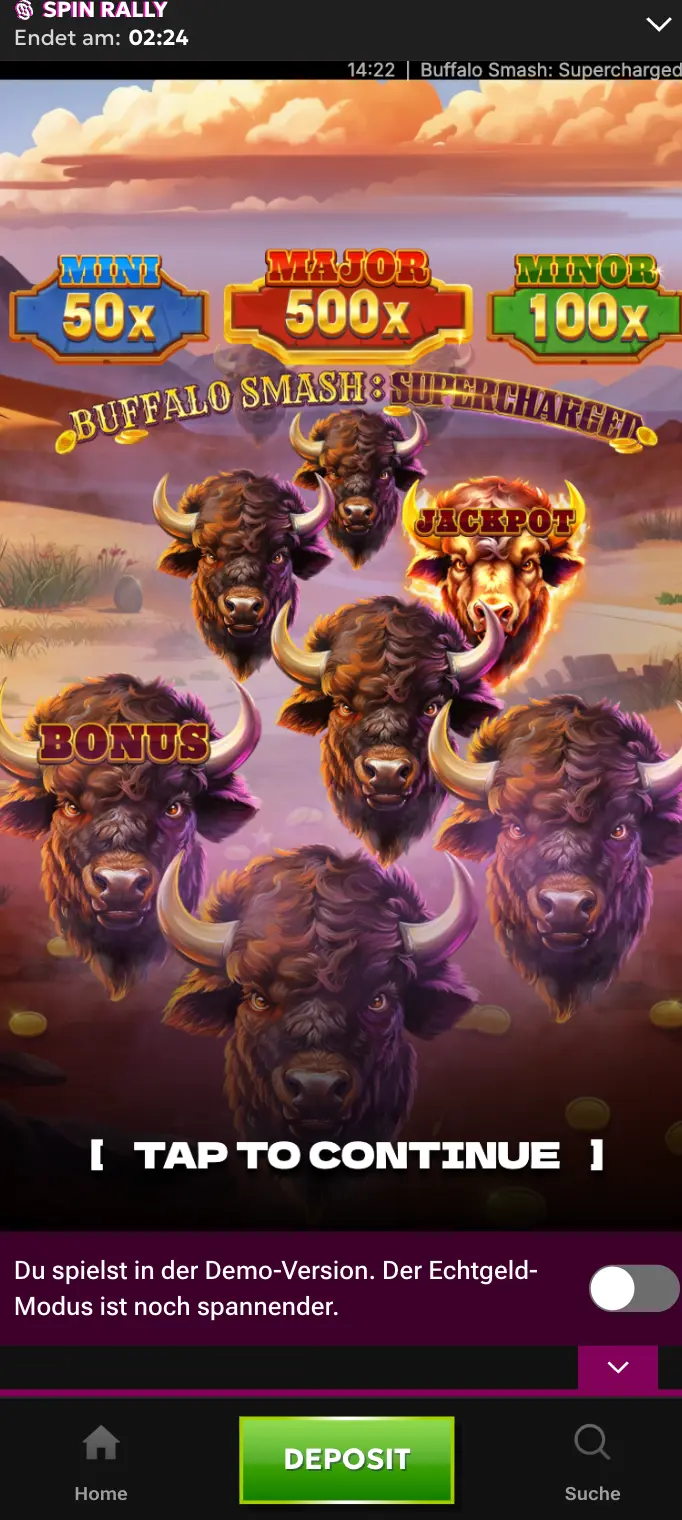 Buffalo Smash Supercharged Slot mit Jackpot und Bonus-Features spielen. Slot-Spiel Buffalo Smash Supercharged mit Büffeln, Jackpot-Symbolen und Bonusanzeige in der Demo-Version.