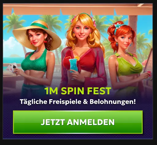 1M Spin Fest – tägliche Freispiele und Belohnungen im Casino. Drei Frauen am Strand mit Cocktail und Spielkarten beim 1M Spin Fest.